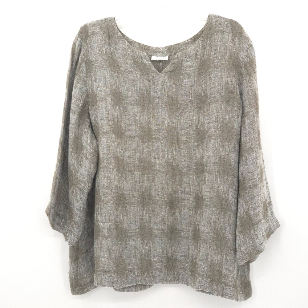 Pure Jill Top Women XL Green Linen Blend V-Neck 3/4 Sleeve Lagenlook minimal